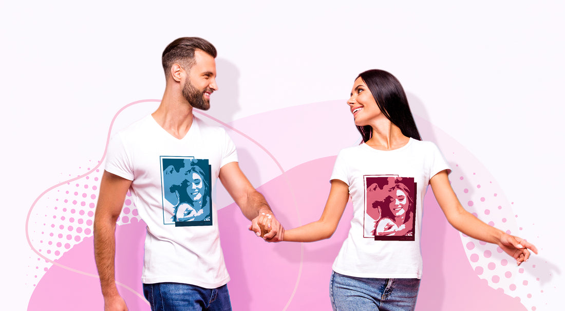 Happy couple holding hands with matching personalized t-shirts