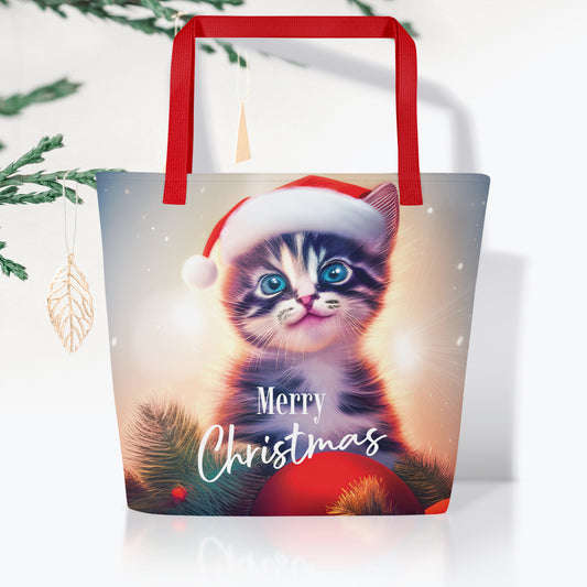 Christmas Large Tote Bag With Pocket - Cat | Seepu