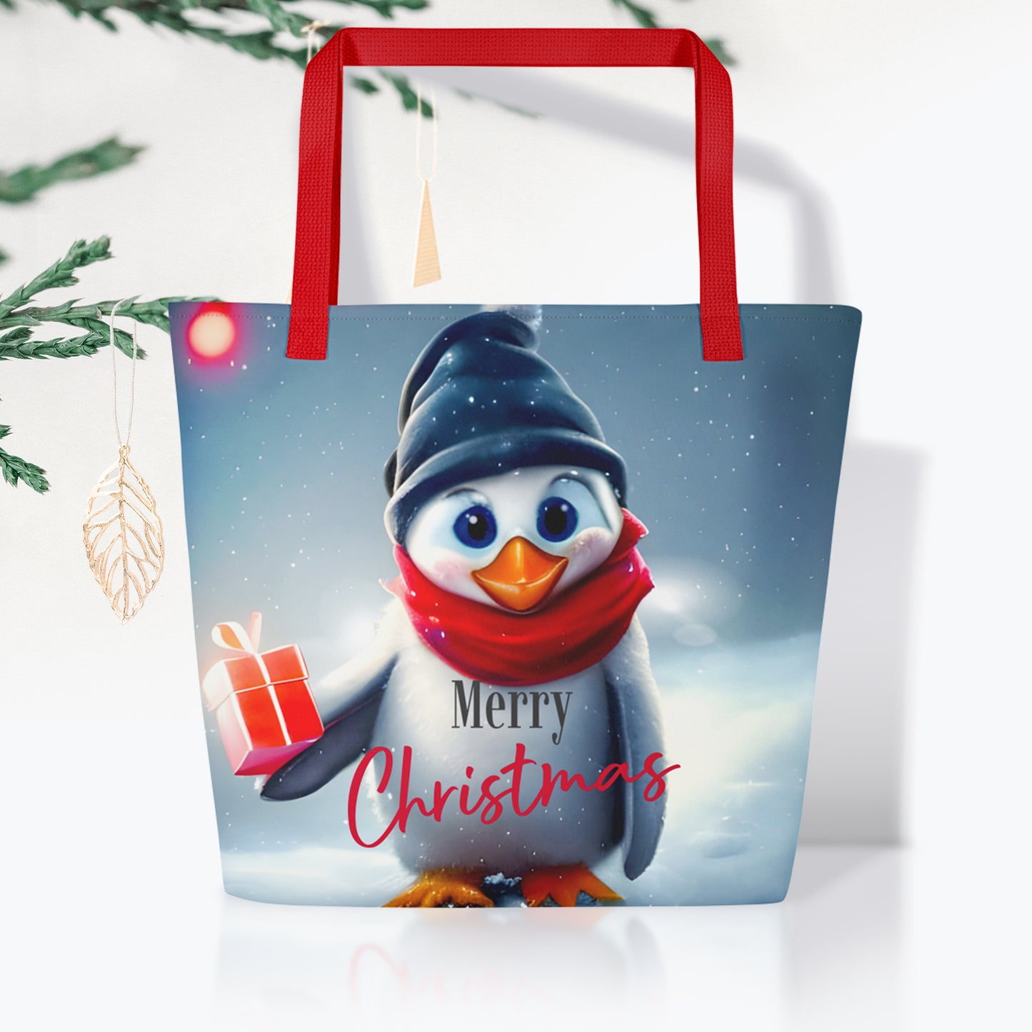 Christmas Large Tote Bag With Pocket - Penguin | Seepu