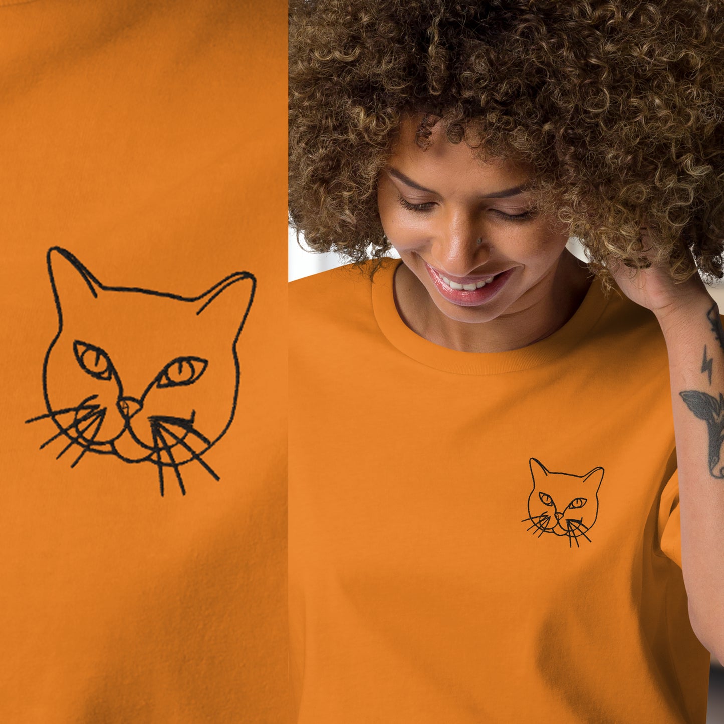 Close up of a t-shirt with charming line drawing embroidery a cat from Seepu