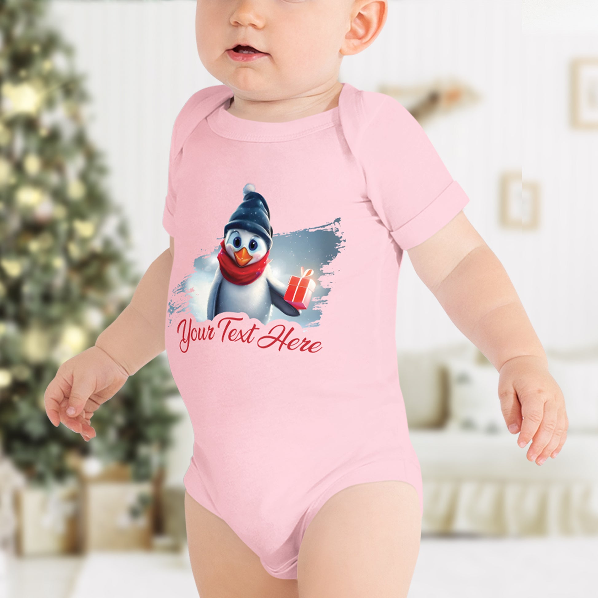 Personalized Christmas Baby Short Sleeve One Piece - Penguin | Seepu | front