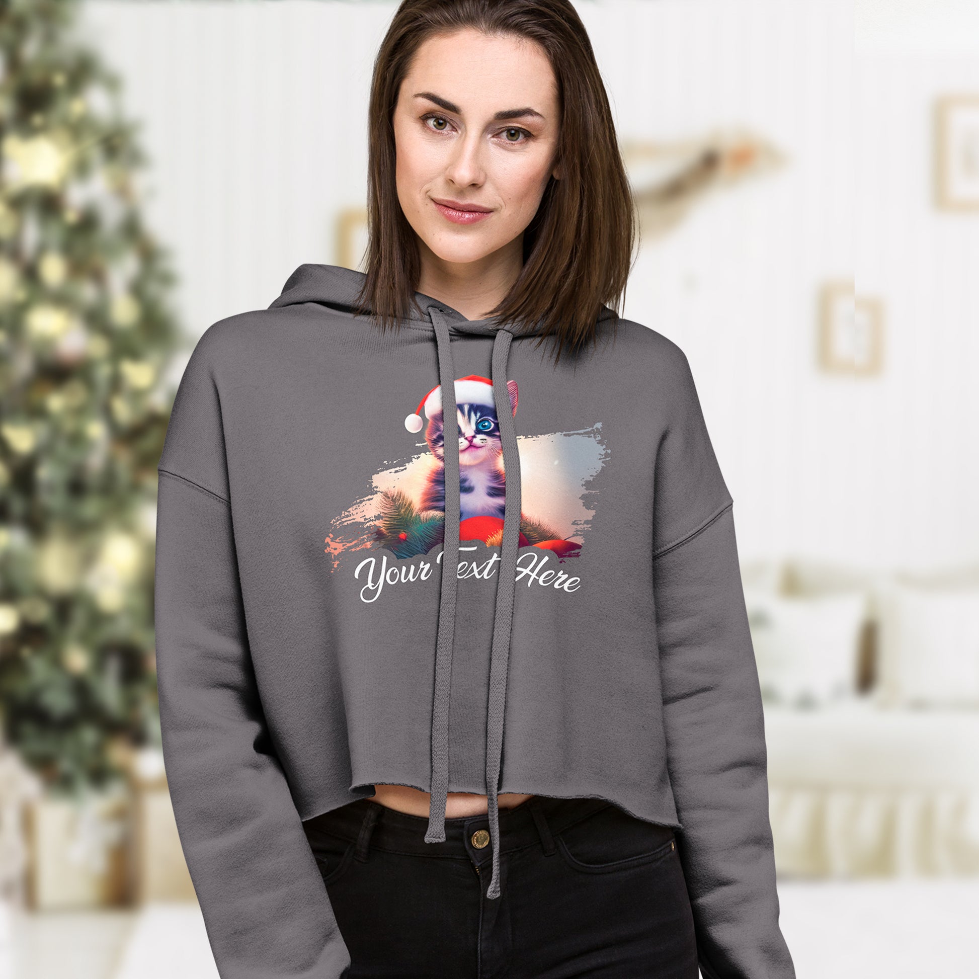 Personalized Christmas Women's Cropped Hoodie - Cat | Seepu | front
