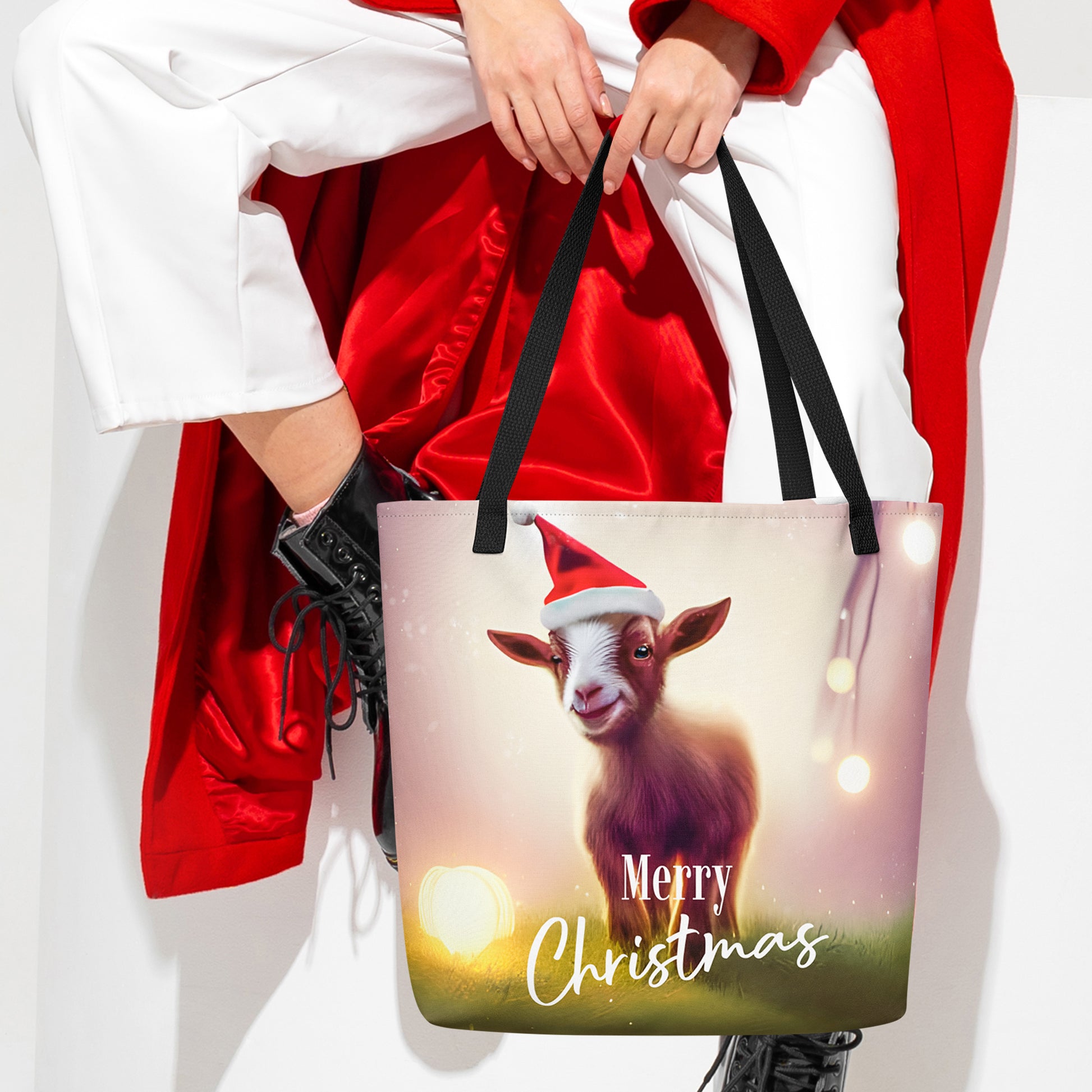 Christmas Large Tote Bag With Pocket - Goat | Seepu | xmas