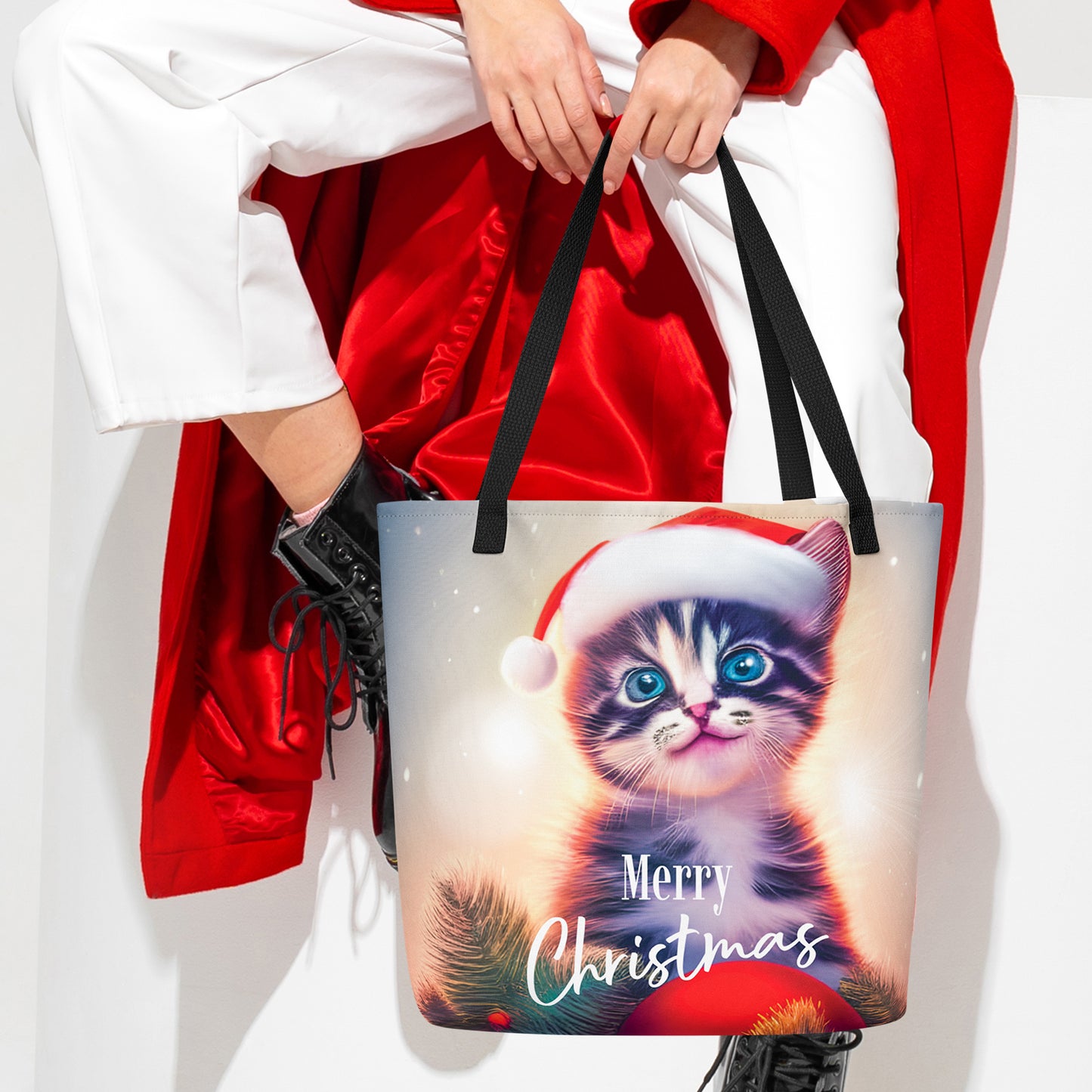 Christmas Large Tote Bag With Pocket - Cat | Seepu | xmas