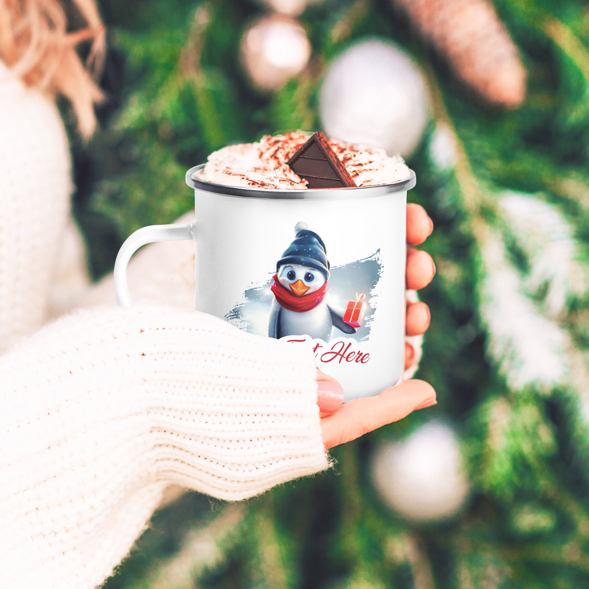 Personalized Christmas Enamel Mug - Penguin | Seepu | hot choc