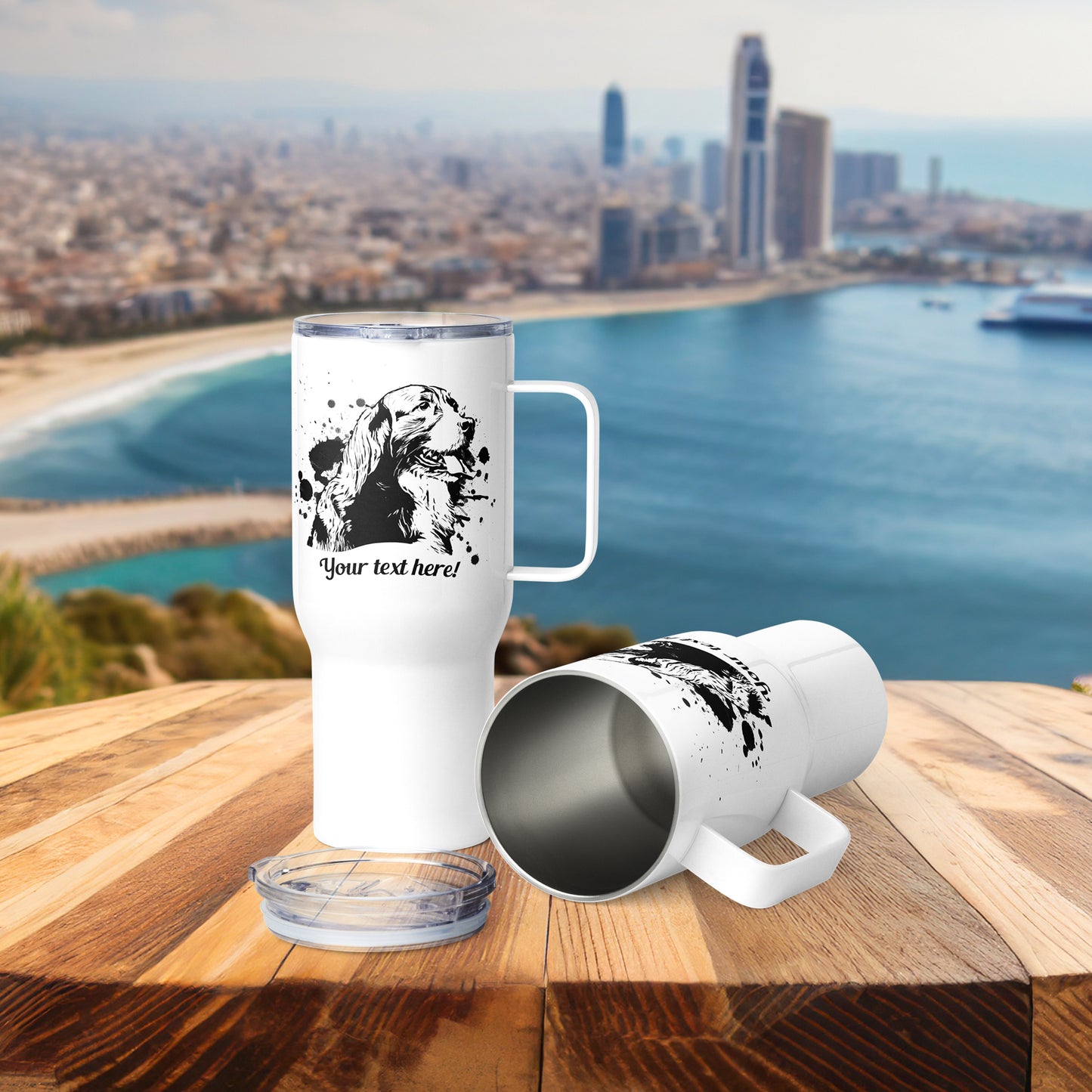 Personalized Pet Line Drawing Travel Mug with Handle | Seepu | with a view
