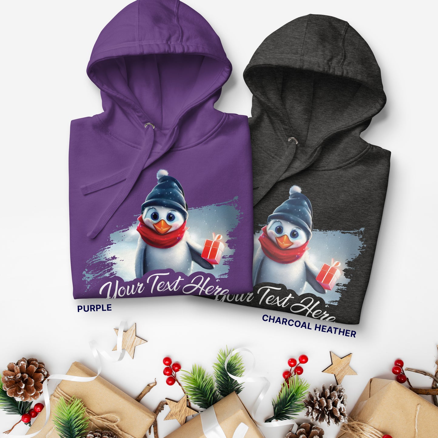 Personalized Unisex Hoodie Christmas Penguin | purple and charcoal | Seepu
