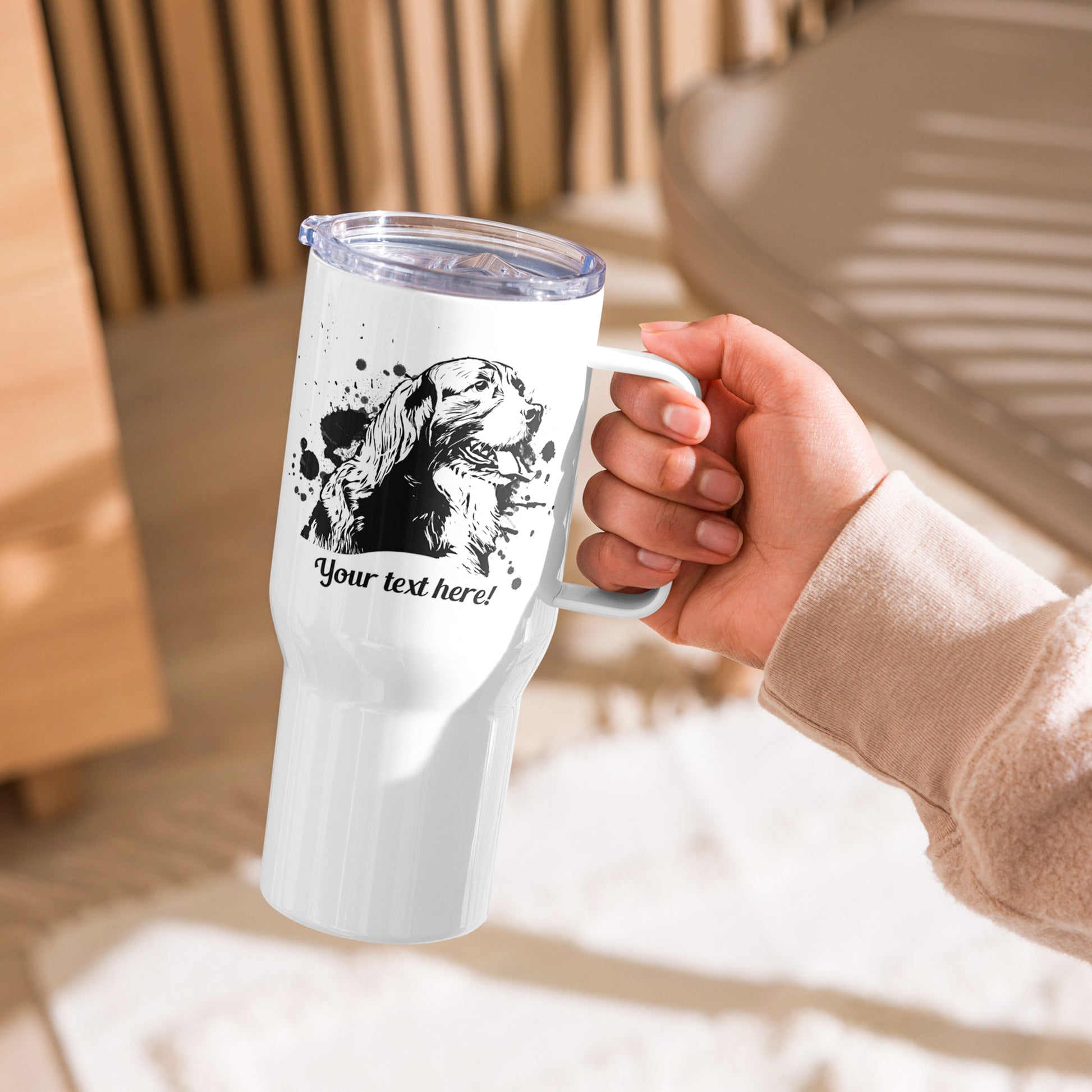 Personalized Pet Line Drawing Travel Mug with Handle | Seepu | holding pet mug
