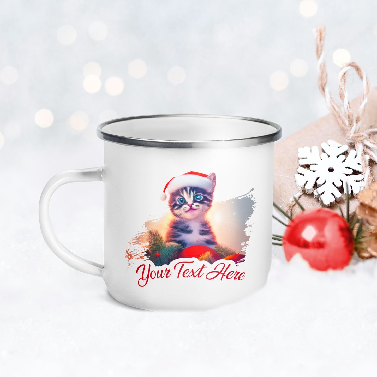 Personalized Christmas Enamel Mug - Cat | Seepu | front view