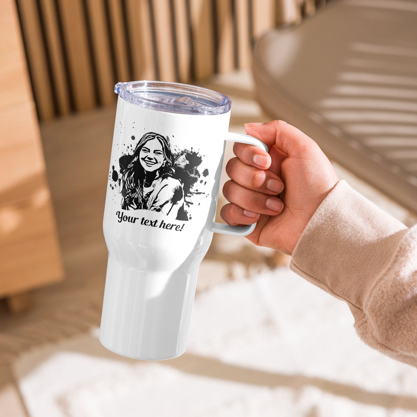 Personalized Line Drawing Travel Mug with a Handle | Seepu | holding mug