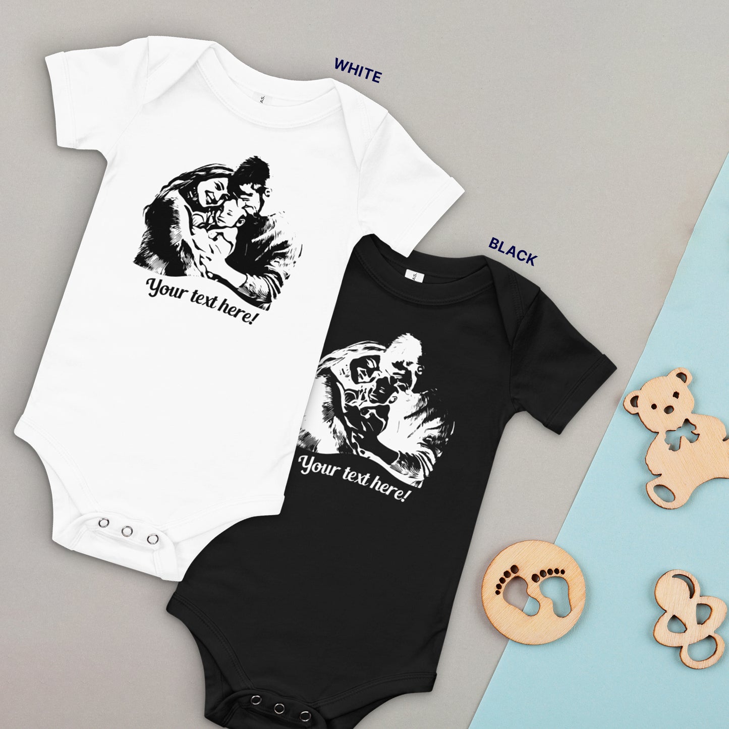 Personalized Line Drawing Baby Short Sleeve One-Piece | Seepu | white and black