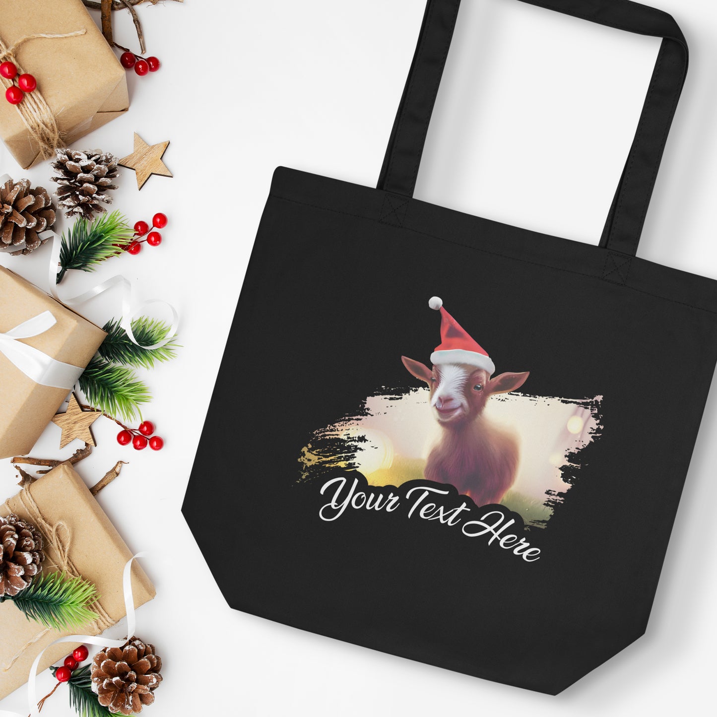 Personalized Christmas Eco Tote Bag - Goat | Seepu | black