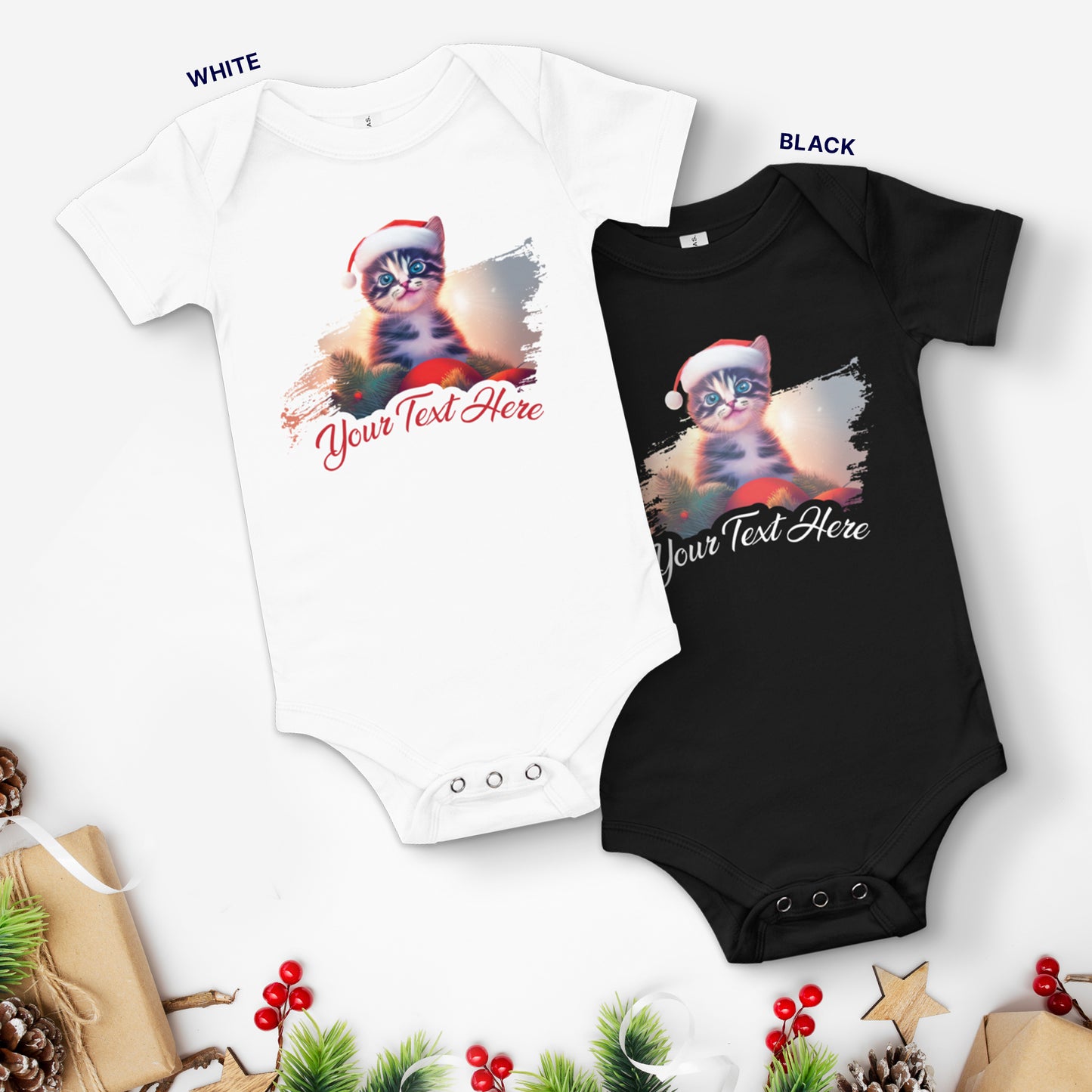 Personalized Christmas Baby Short Sleeve One Piece - Cat | Seepu | white and black