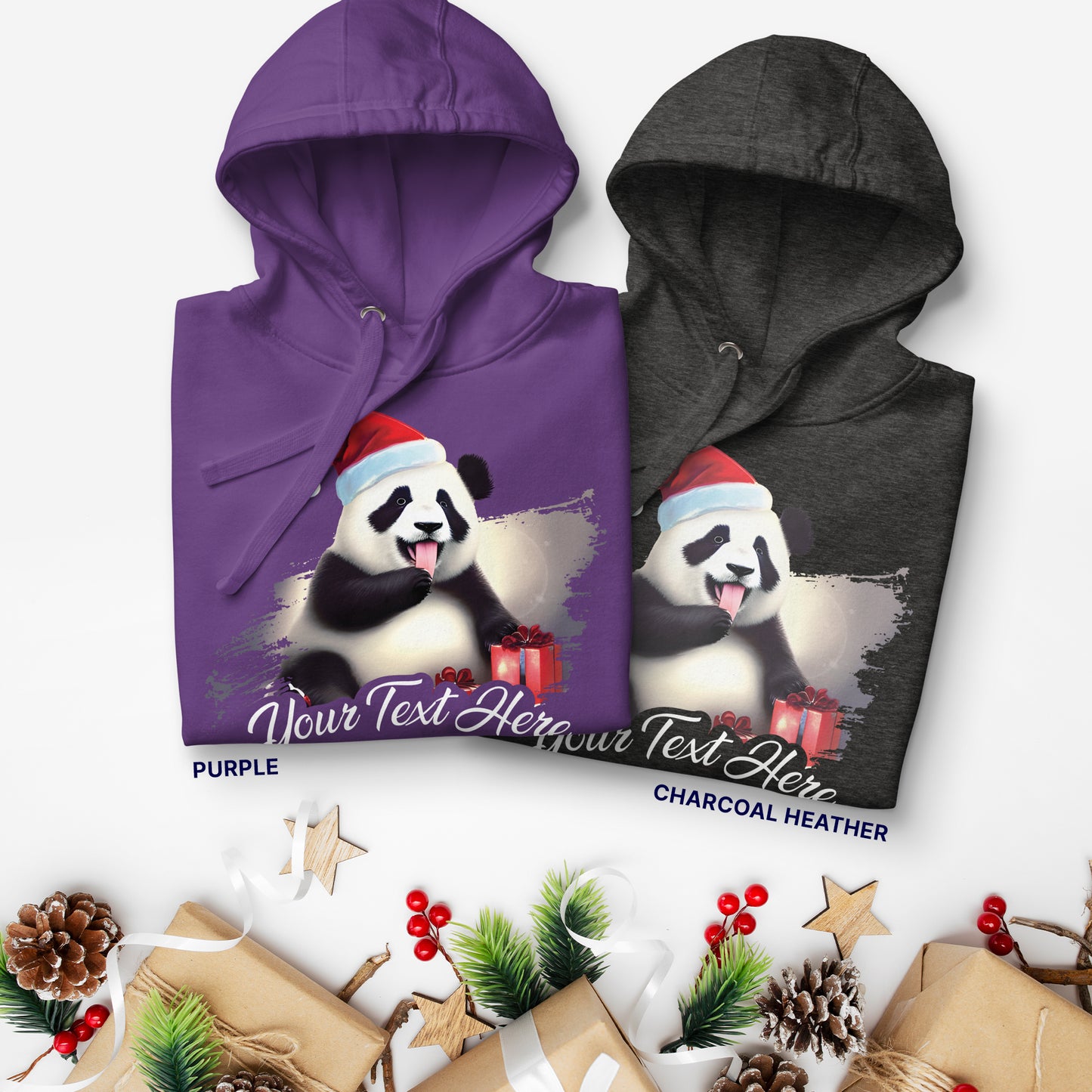 Personalized Unisex Hoodie Christmas Panda | purple and charcal heather |Seepu 