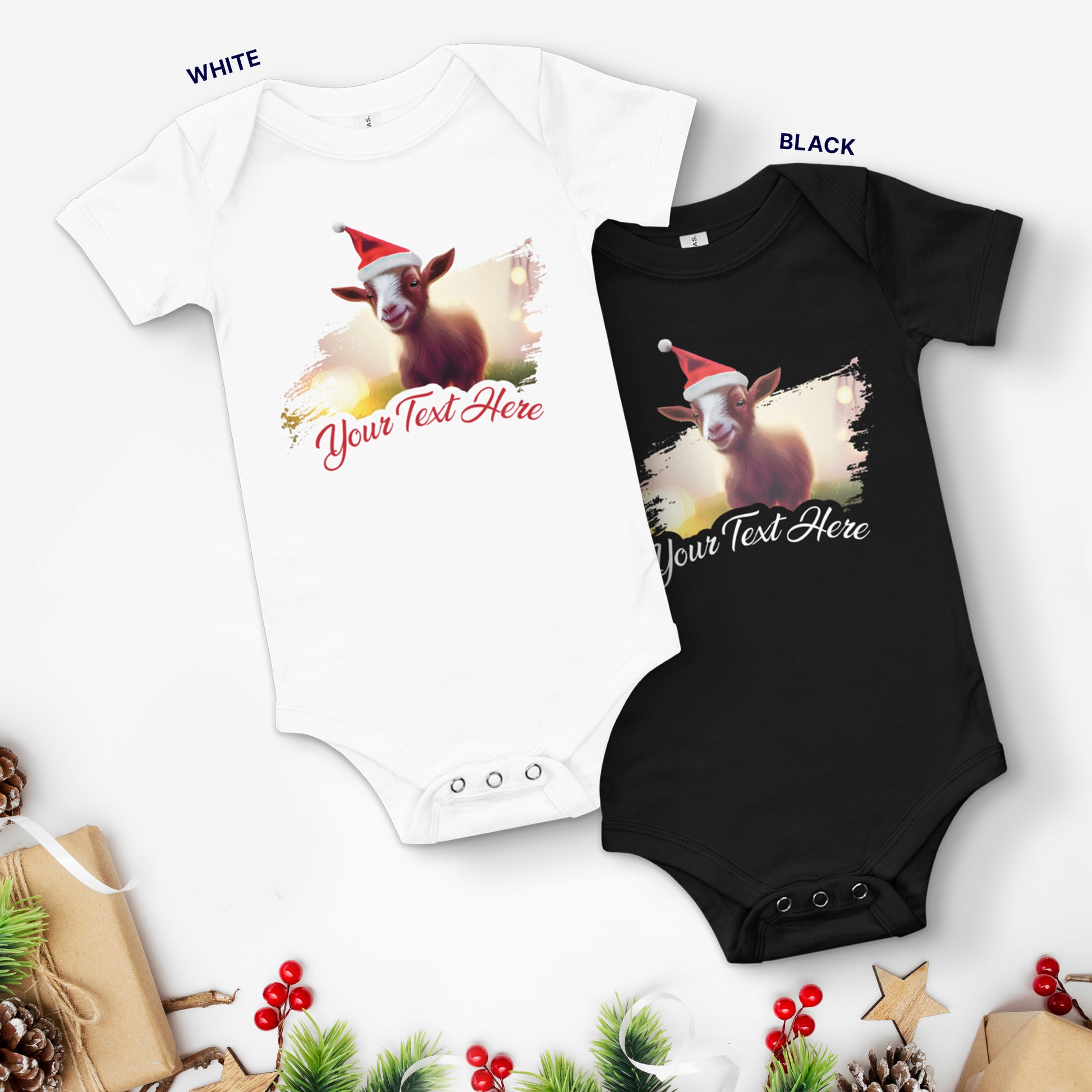 Personalized Christmas Baby Short Sleeve One Piece - Goat | Seepu | white and black