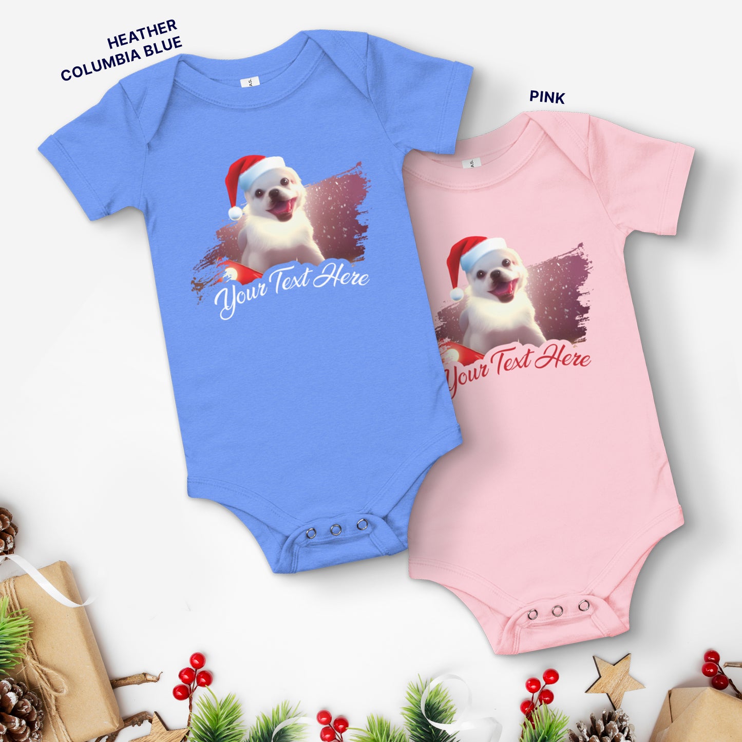 Personalized Christmas Baby Short Sleeve One Piece - Dog | Seepu pink and blue