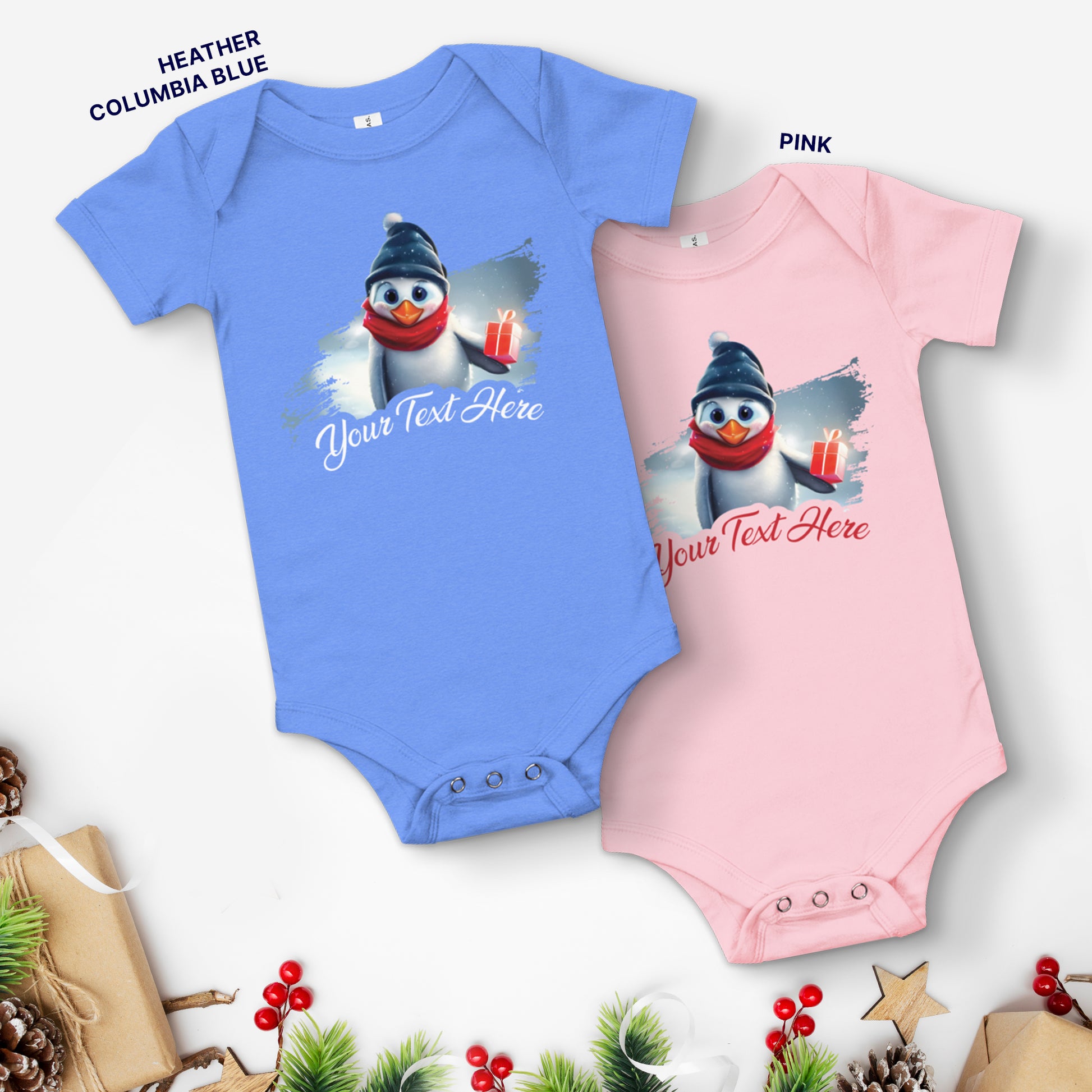 Personalized Christmas Baby Short Sleeve One Piece - Penguin | Seepu | blue and pin