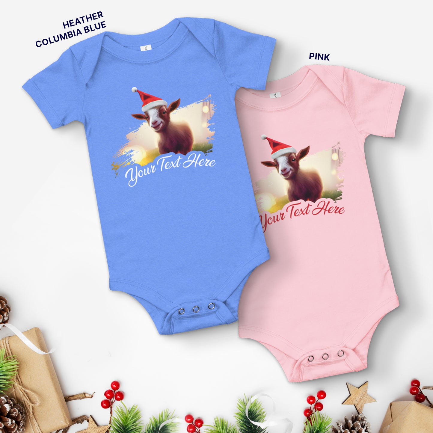 Personalized Christmas Baby Short Sleeve One Piece - Goat | Seepu | blue and pin