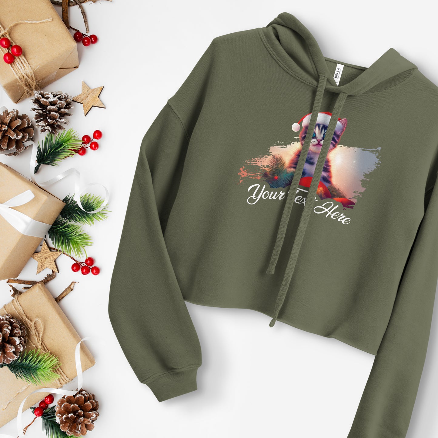 Personalized Christmas Women's Cropped Hoodie - Cat | Seepu | green
