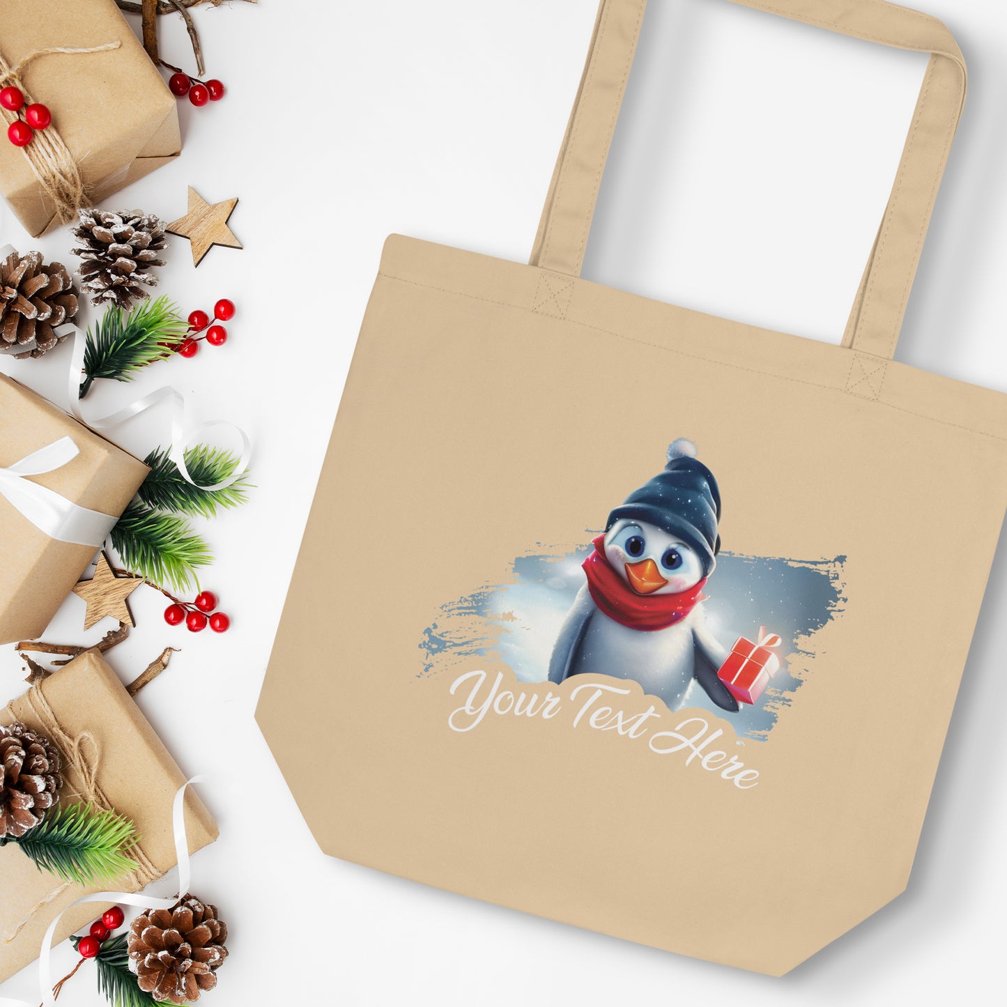 Personalized Christmas Eco Tote Bag - Penguin | Seepu | cream