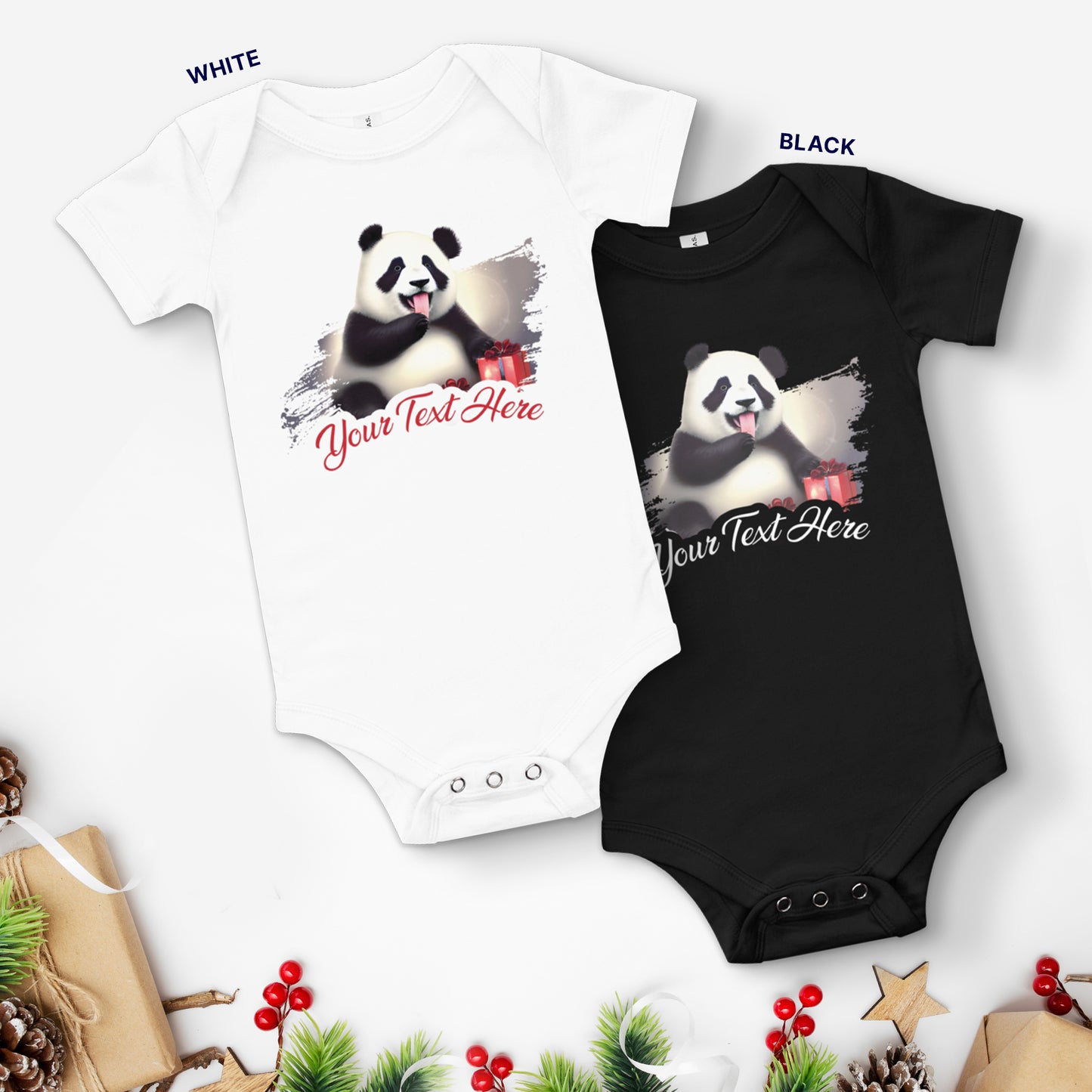 Personalized Christmas Baby Short Sleeve One Piece - Panda | Seepu | white and black