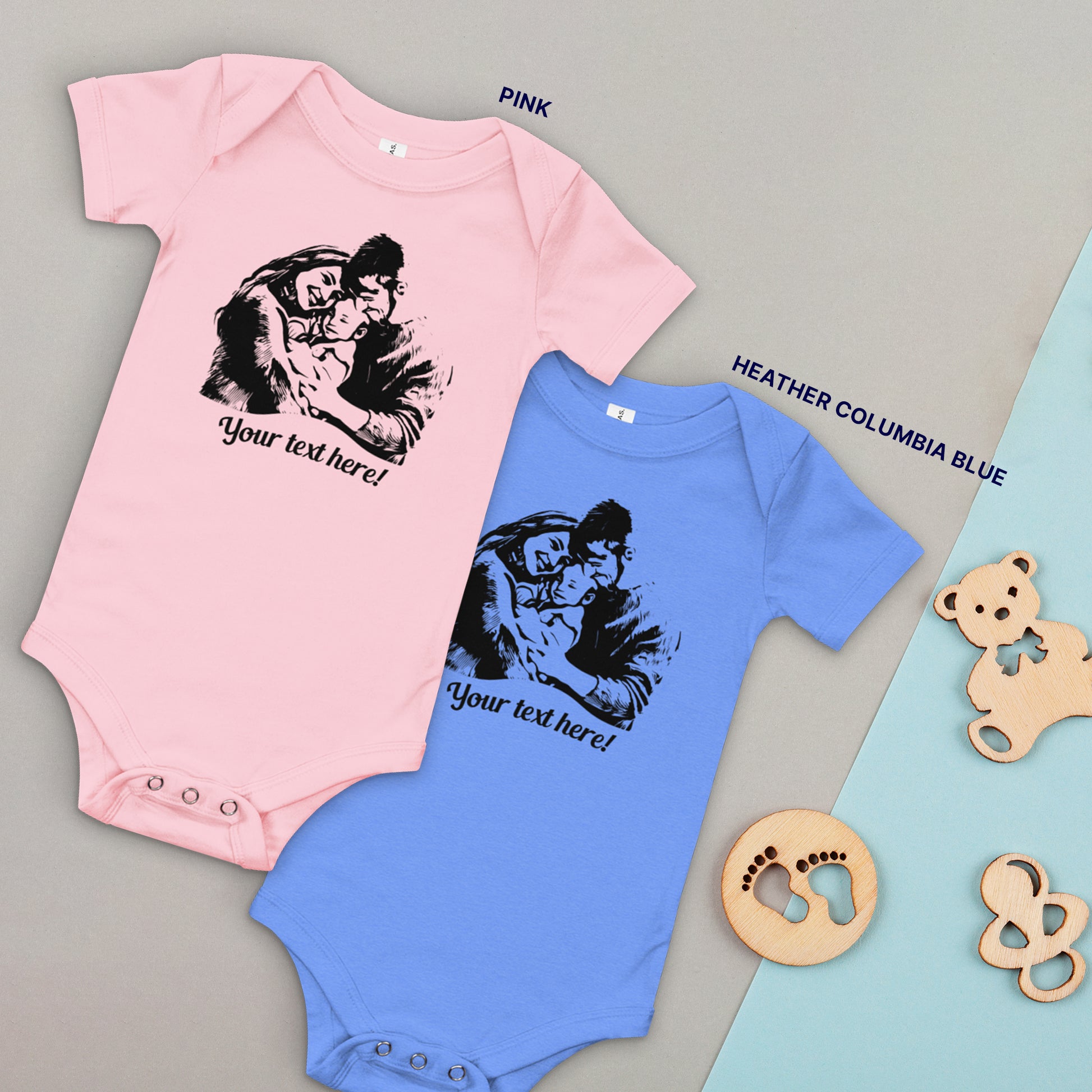 Personalized Line Drawing Baby Short Sleeve One-Piece | Seepu | pink and blue