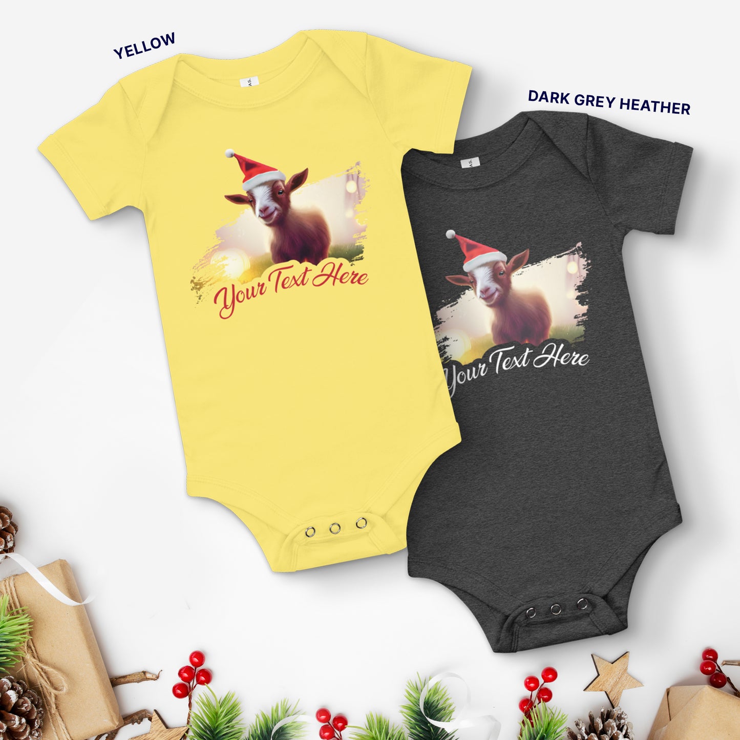 Personalized Christmas Baby Short Sleeve One Piece - Goat | Seepu | yellow and grey
