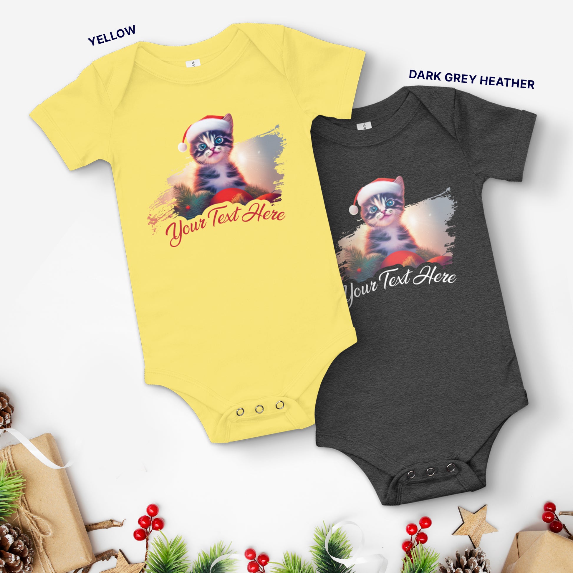 Personalized Christmas Baby Short Sleeve One Piece - Cat | Seepu | yellow and grey